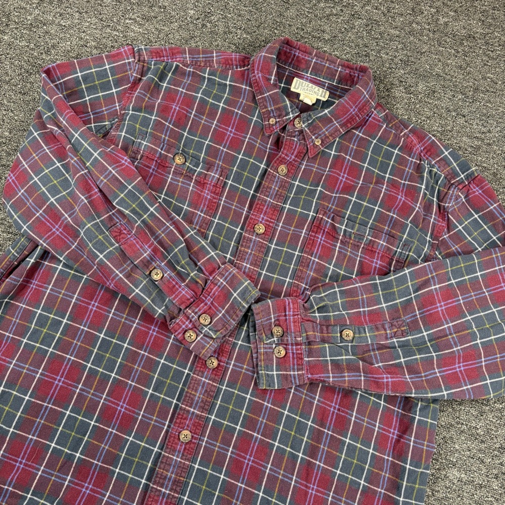 Duluth Trading Co Button Down Shirt Mens XL Burgundy Plaid Flannel Long Sleeve